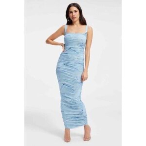 NWT Good American Patchwork Denim Blue Bodycon Ruched Maxi Dress Size 0 (XS) - Picture 1 of 14